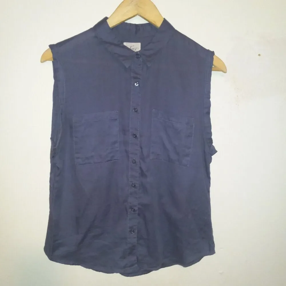 Levi's Women Blue Sleeveless Button Front Blouse-Small-Collared-Pockets-Cotton